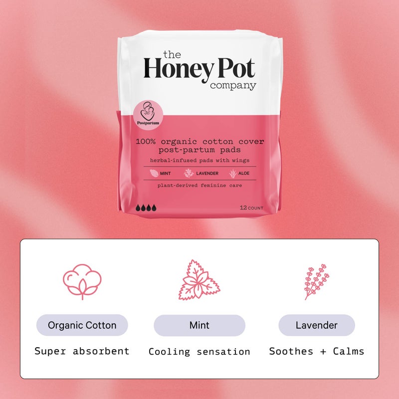 The Honey Pot Company - Herbal Postpartum Pads w/Wings - Infused w/Essential Oils for Cooling Effect, Organic Cotton Cover, & Ultra-Absorbent - Feminine Care - 12ct - Image 2