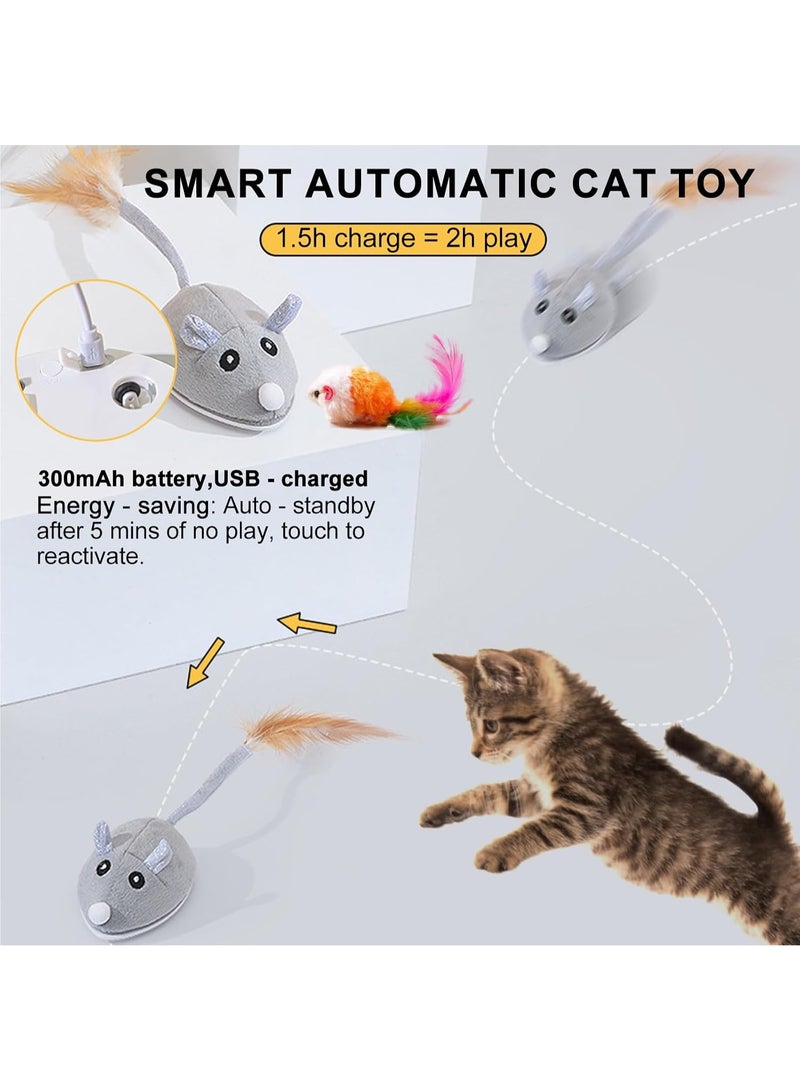 Electric Mouse Cat Toy with Feather, Rechargeable Interactive Chase Toy for Cats - Grey - Image 3