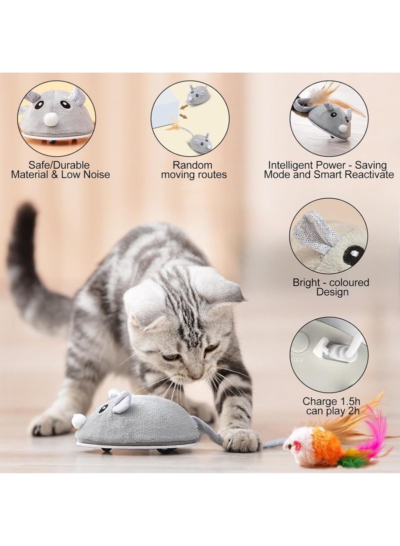 Electric Mouse Cat Toy with Feather, Rechargeable Interactive Chase Toy for Cats - Grey - Image 2