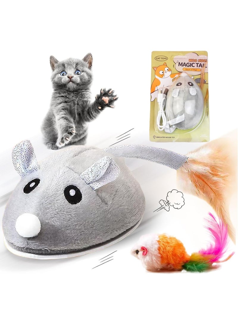 Electric Mouse Cat Toy with Feather, Rechargeable Interactive Chase Toy for Cats - Grey - Image 1