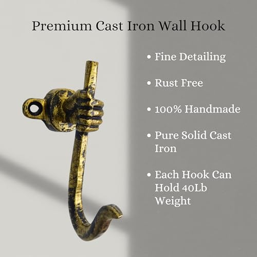 AYZCORP Set of 3 Cast Iron Unique Hand Hook Shape Coat Hooks Wall Art DecorHand Shape Hangers and Key HolderClothes Rack and Backpack HangerCoat Hooks Home Decor for Storage Living Room Brass Antique - Image 3