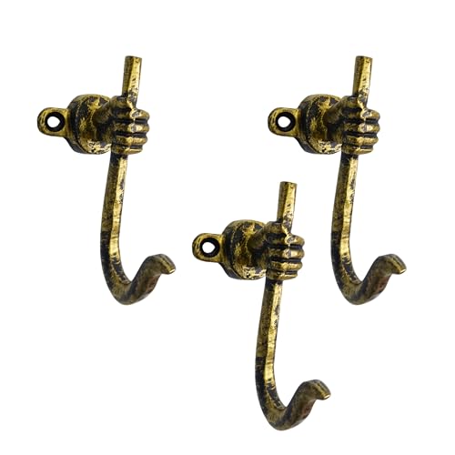 AYZCORP Set of 3 Cast Iron Unique Hand Hook Shape Coat Hooks Wall Art DecorHand Shape Hangers and Key HolderClothes Rack and Backpack HangerCoat Hooks Home Decor for Storage Living Room Brass Antique - Image 1