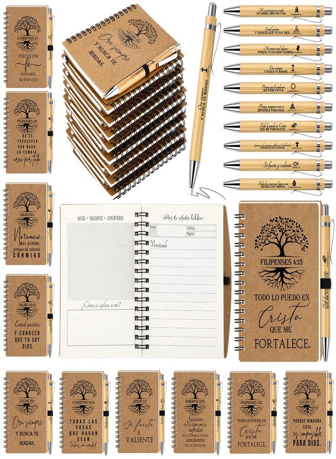 Spakon 30 Sets Spanish Christian Easter Gifts for Women Men Bulk Mothers Day Religious Spiral Kraft Prayer Journals Tree Life Notepad Bible Verse Pen Daily Planner Notebook for Church Sunday School - Image 1