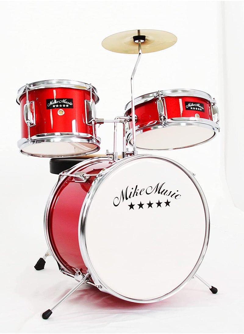 null - Mike Music Kids Drum Set Eastar 3-Piece for Beginners, 14 inch Drum Kit with Adjustable Throne, Cymbal, Pedal & Two Pairs of Drumsticks, Junior Drum Set with Bass Tom Snare Drum, Metallic Sky ( Red) - Image 1