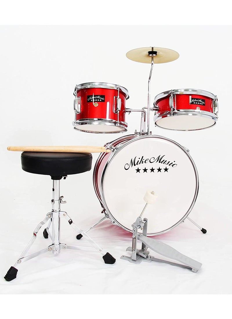 null - Mike Music Kids Drum Set Eastar 3-Piece for Beginners, 14 inch Drum Kit with Adjustable Throne, Cymbal, Pedal & Two Pairs of Drumsticks, Junior Drum Set with Bass Tom Snare Drum, Metallic Sky ( Red) - Image 1