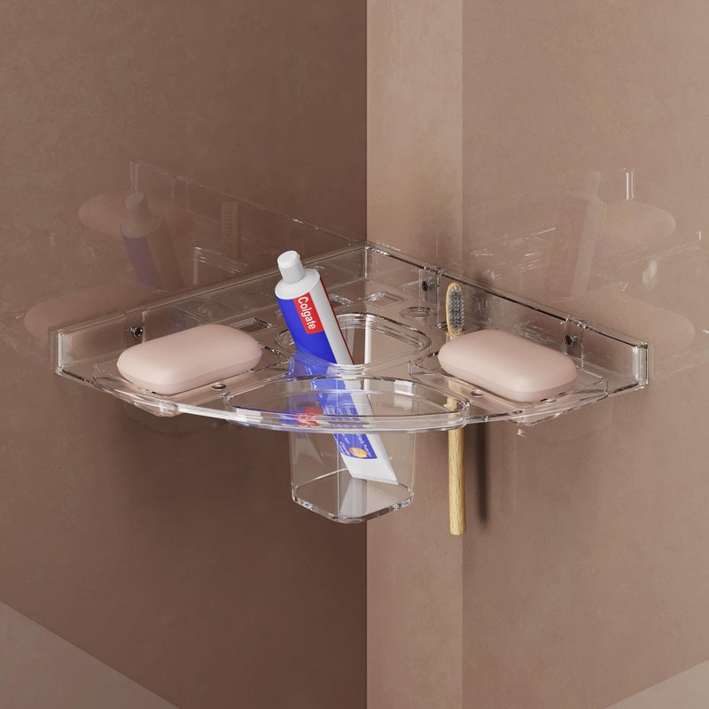 GLOXY Unbreakable Transparent Wall Mount Acrylic Corner Double Soap Dish with Toothbrush & Tumbler Holder Shelf Usable for Bathroom and Wash Basin Area, Bathroom Accessories - Image 1