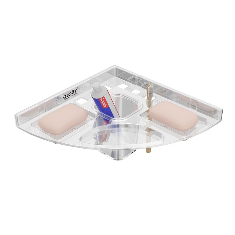GLOXY Unbreakable Transparent Wall Mount Acrylic Corner Double Soap Dish with Toothbrush & Tumbler Holder Shelf Usable for Bathroom and Wash Basin Area, Bathroom Accessories - Image 3