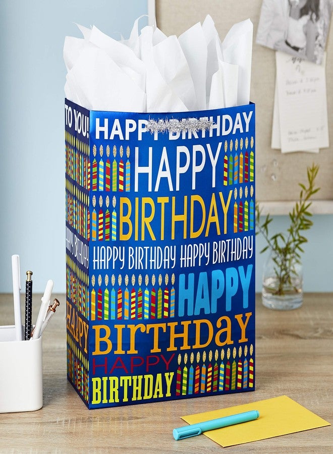 Hallmark 13" Large Birthday Gift Bag with Tissue Paper (Blue Happy Birthday, Multicolored Candles) - Image 2