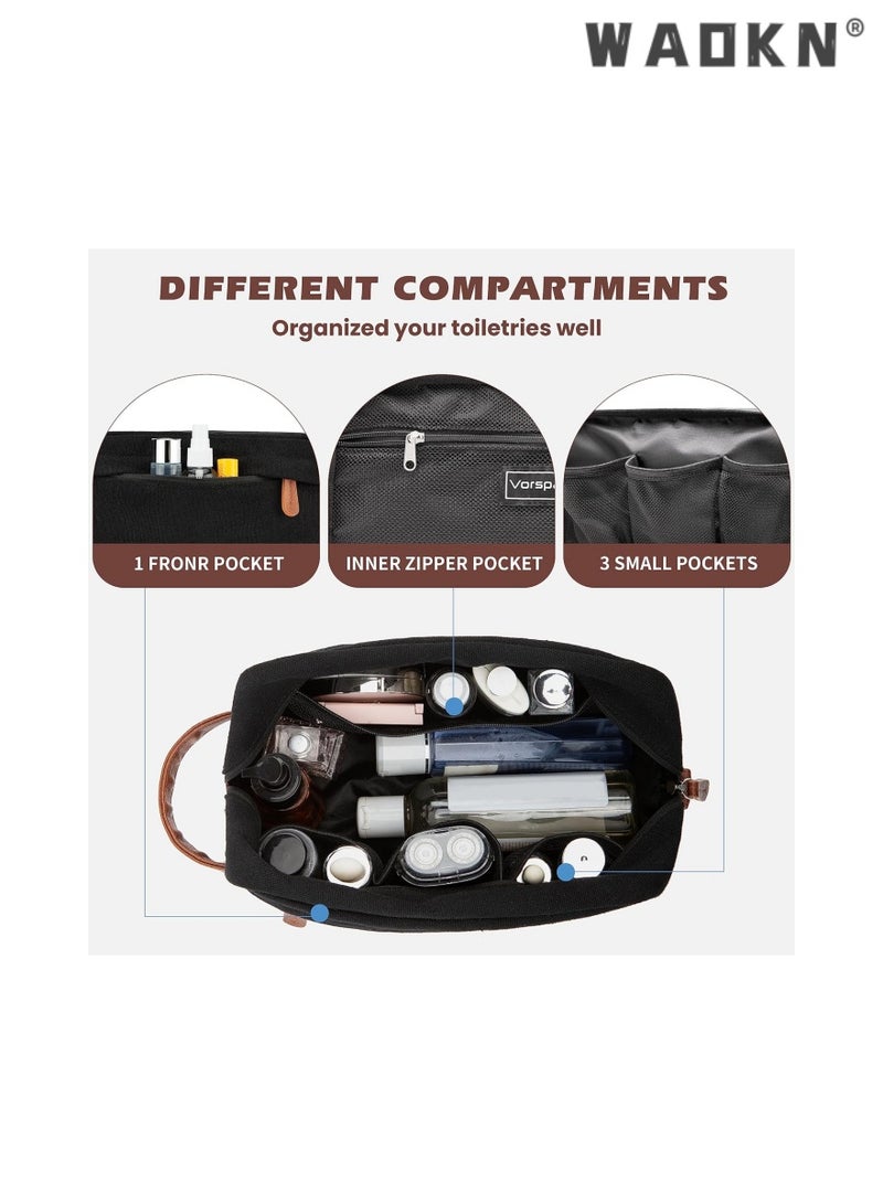 WAOKN Portable Travel Toiletry Bag, Men's Travel Organizer Kit, Shaving Facial Cleanser Bathroom Bag, Canvas Toiletry Organizer Bag, Canvas Organizer for Shampoo Shower Gel,with Handle (Black) - Image 3