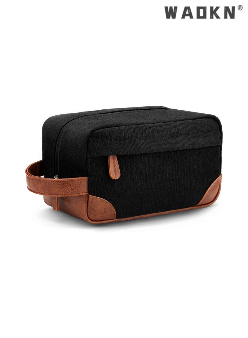 WAOKN Portable Travel Toiletry Bag, Men's Travel Organizer Kit, Shaving Facial Cleanser Bathroom Bag, Canvas Toiletry Organizer Bag, Canvas Organizer for Shampoo Shower Gel,with Handle (Black) - Image 1
