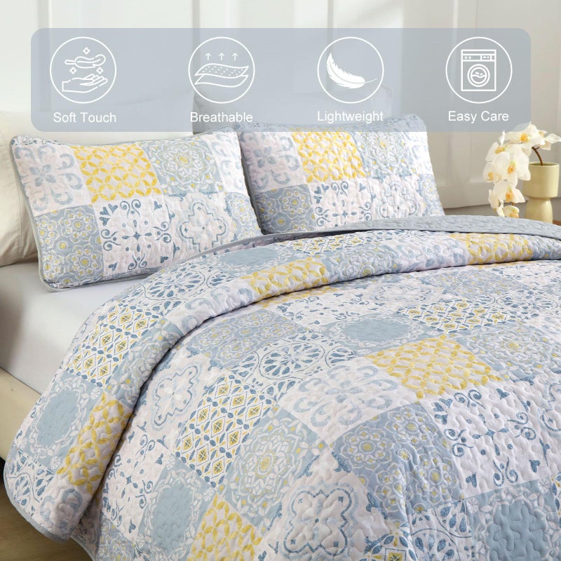 Dobuyly King Size Quilt Set 3 Pieces, Blue/Yellow/Grey Patchwork Bedspreads, Boho Summer Coverlet Set, Soft Lightweight Microfiber Bedding Set for All Seasons 110"x90" - Image 4
