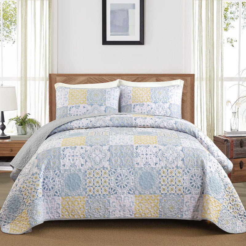 Dobuyly King Size Quilt Set 3 Pieces, Blue/Yellow/Grey Patchwork Bedspreads, Boho Summer Coverlet Set, Soft Lightweight Microfiber Bedding Set for All Seasons 110"x90" - Image 2