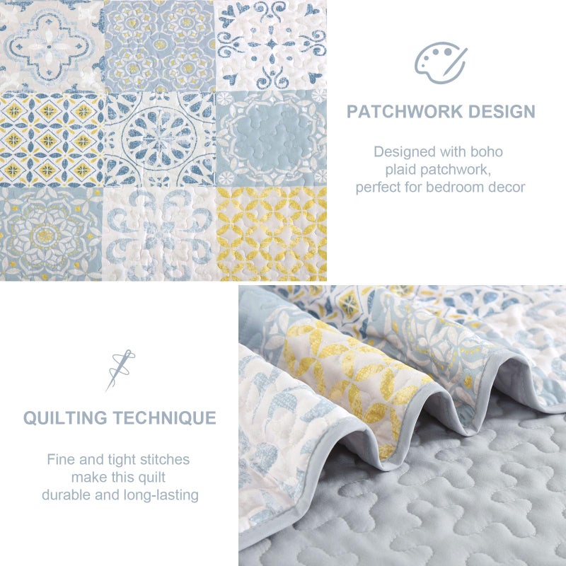 Dobuyly King Size Quilt Set 3 Pieces, Blue/Yellow/Grey Patchwork Bedspreads, Boho Summer Coverlet Set, Soft Lightweight Microfiber Bedding Set for All Seasons 110"x90" - Image 5