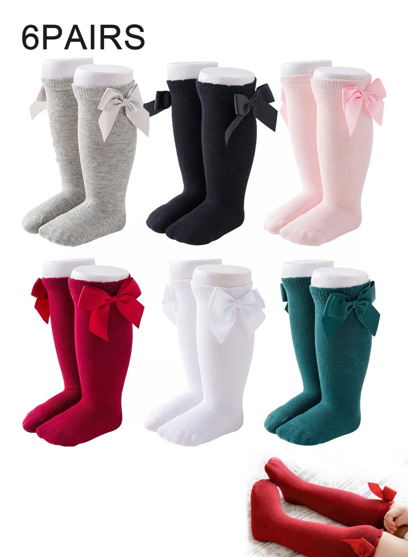 أخبار جوارب طويلة للركبة للبنات الصغار، عبوة من 6 جوارب طويلة مزينة بفيونكة، سراويل ضيقة مكشكشة للزي المدرسي (من 18 إلى 36 شهرًا) - Image 1