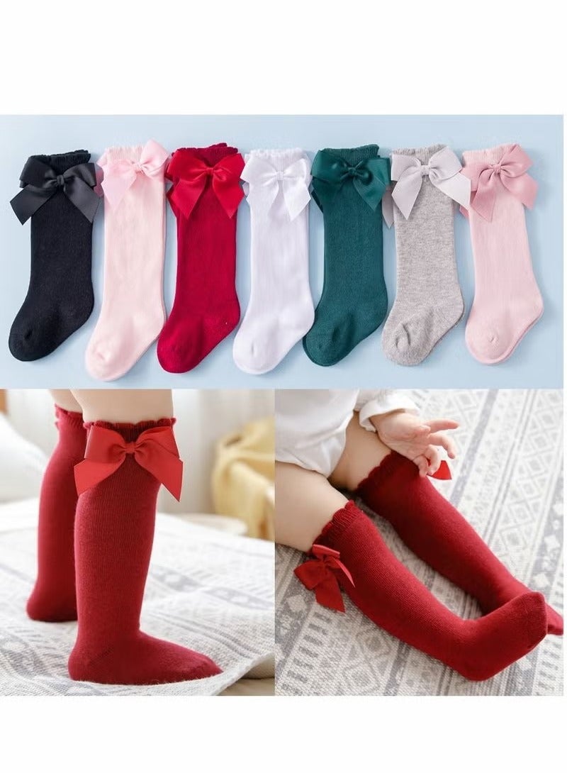 أخبار جوارب طويلة للركبة للبنات الصغار، عبوة من 6 جوارب طويلة مزينة بفيونكة، سراويل ضيقة مكشكشة للزي المدرسي (من 18 إلى 36 شهرًا) - Image 2