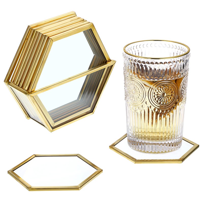 JuxYes Set of 7 Glass Coasters with Holder Gold Elegant Cup Coaster Set for Coffee Tea Wine Hexagon Brass Edge Glass Cups Mats Coasters for Coffee Table