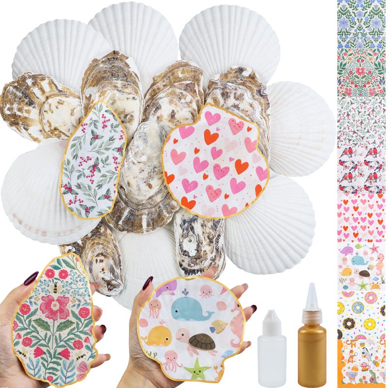 Fangoo 4-5'' 16Pcs Large Natural White Oyster Shells for Crafts 32Pcs Decoupage Paper Napkin Acrylic Paint Brush White Natural Sea Shells for Crafting Christmas Holiday Ornaments Jewelry Tray Decor - Image 1