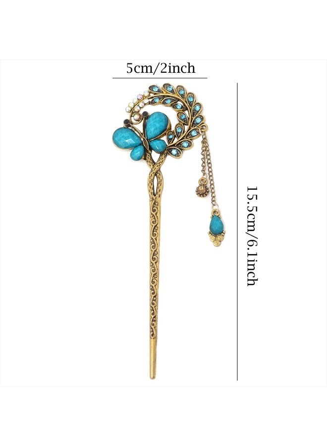 Honbay Fashion Long Hair Decoration Chinese Traditional Style Retro Tassel Alloy Blue Butterfly Hair Stick Hair Chopsticks Hairpin Chignon Pin - Image 5