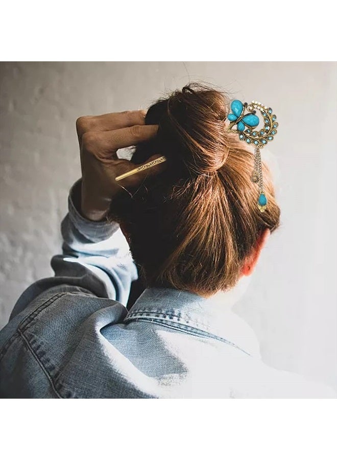 Honbay Fashion Long Hair Decoration Chinese Traditional Style Retro Tassel Alloy Blue Butterfly Hair Stick Hair Chopsticks Hairpin Chignon Pin - Image 3