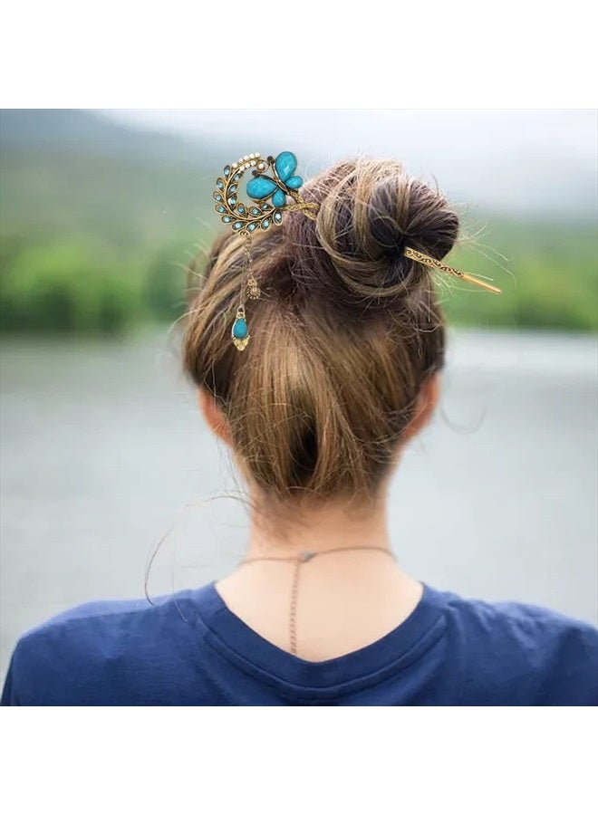 Honbay Fashion Long Hair Decoration Chinese Traditional Style Retro Tassel Alloy Blue Butterfly Hair Stick Hair Chopsticks Hairpin Chignon Pin - Image 2