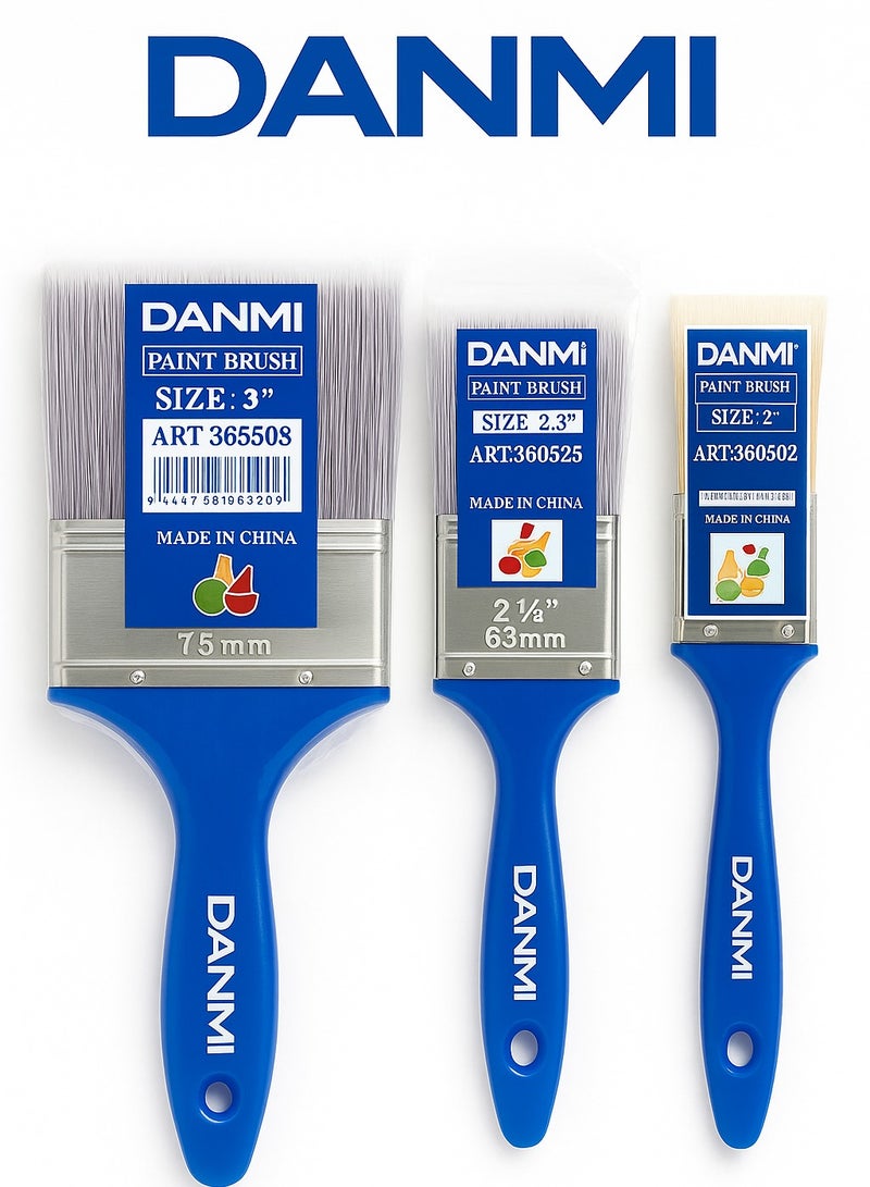 DANMI 3-Piece Set – DANMI Paint Brushes (3" + 2.5" + 2") – Blue Plastic Handles with Metal Ferrules, Dual Rivets – ART:360503 / 360525 / 360502 - Image 1