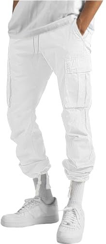 HUNGSON Mens Cargo Pants Drawstring Casual Hiking Pants Joggers Athletic Trousers Cotton Loose Straight Sweatpants for Men White - Image 3