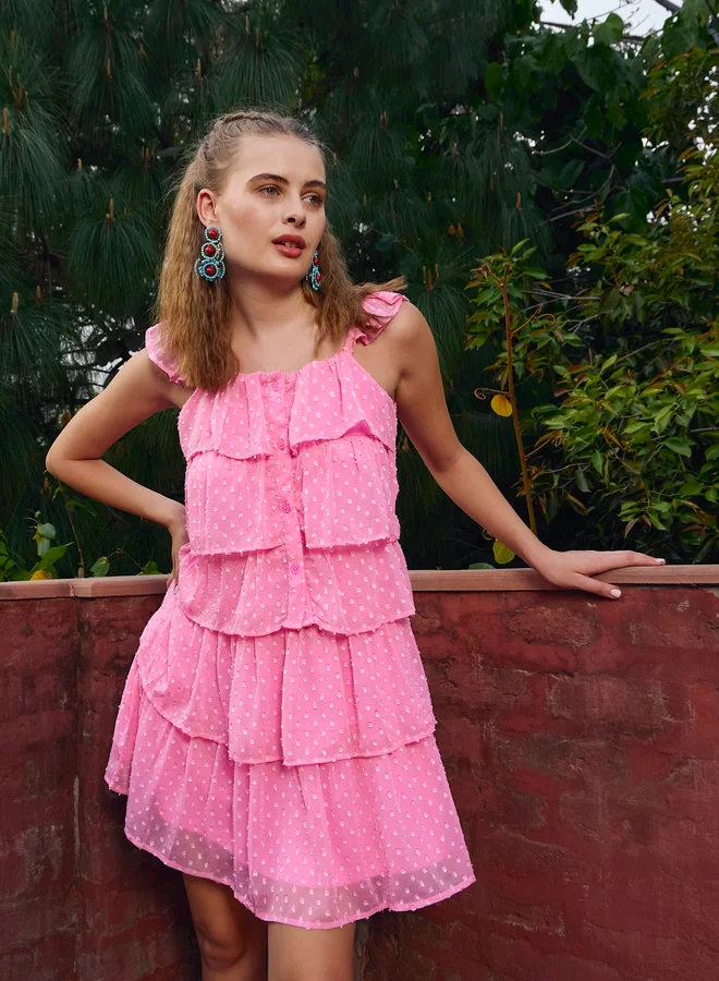 SASSAFRAS Sassafras Pink Dobby Ruffle Layered Mini Dress