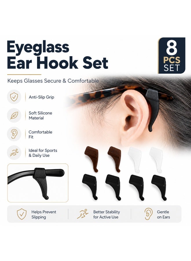8Pcs Eyeglass Ear Hook Set, Soft Silicone Anti-Slip Glasses Holders, Comfortable Ear Grips for Eyeglasses & Sunglasses, Fits Most Frames, Black Clear Brown - Image 2
