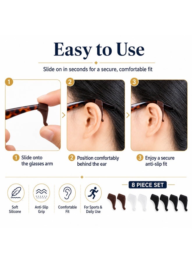 8Pcs Eyeglass Ear Hook Set, Soft Silicone Anti-Slip Glasses Holders, Comfortable Ear Grips for Eyeglasses & Sunglasses, Fits Most Frames, Black Clear Brown - Image 3