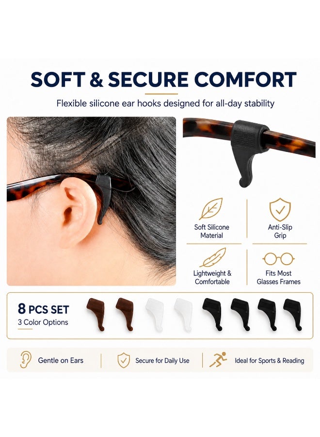 8Pcs Eyeglass Ear Hook Set, Soft Silicone Anti-Slip Glasses Holders, Comfortable Ear Grips for Eyeglasses & Sunglasses, Fits Most Frames, Black Clear Brown - Image 4
