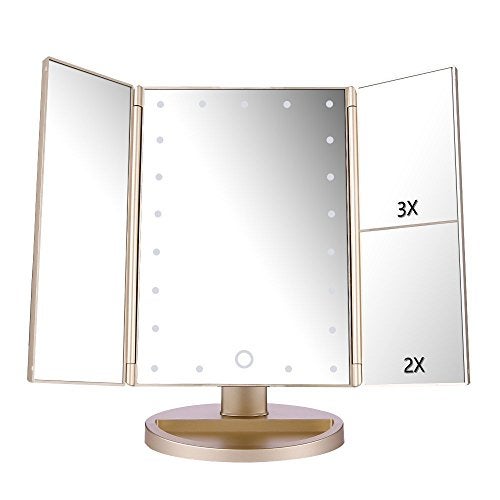 deweisn Lighted Vanity Makeup Mirror with 3X2X1X Magnification 21 LED Lights and Touch Screen Dimmable Mirror Two power Supply Mode Tabletop Makeup mirrorTravel Cosmetic MirrorGold