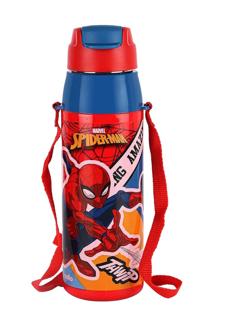 تشيلو زجاجة مياه معزولة من الفولاذ الداخلي Puro Steel X Hydra Kid 600 سعة 520 مل مطبوعة بشخصية Spiderman باللون الأحمر معتمدة من ISI مقاومة للتسرب سهلة الحمل مع حلقة زجاجة مياه باردة معزولة للنزهات المدرسية - Image 1
