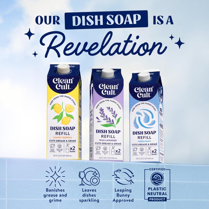 Cleancult Dish Soap Liquid Refill (32oz, 1 Pack) - Plant Based Cleaning Power - Dish Soap that Cuts Grease & Grime - Free of Harsh Chemicals - Uses 90% Less Plastic - Wild Lavender - Image 4