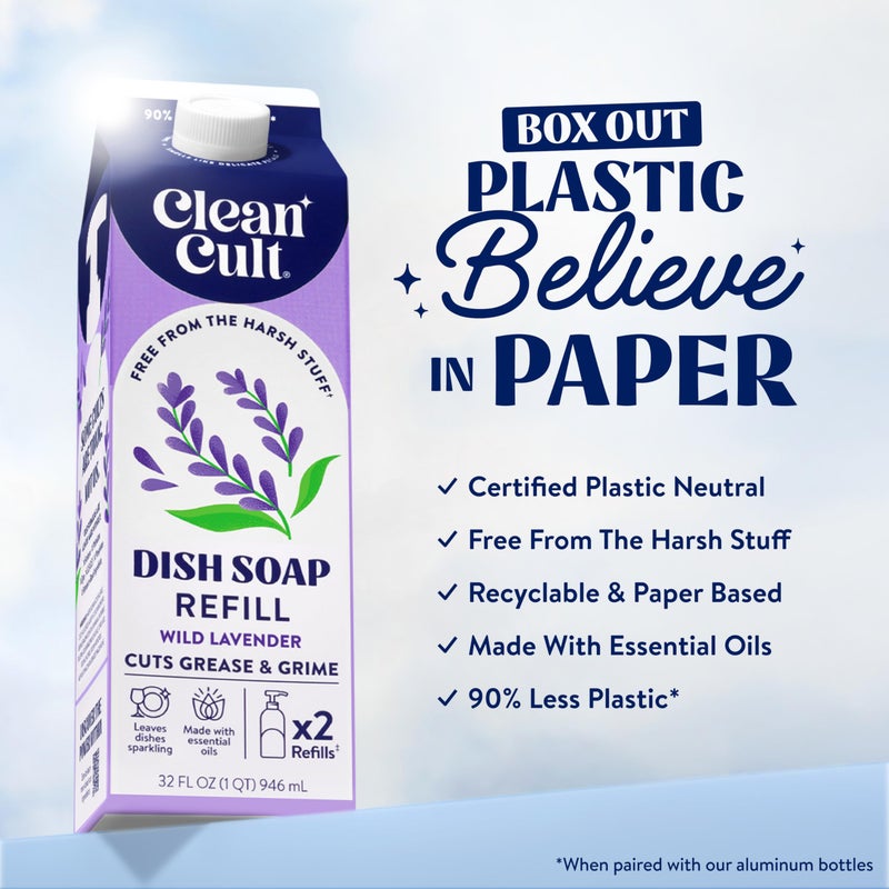 Cleancult Dish Soap Liquid Refill (32oz, 1 Pack) - Plant Based Cleaning Power - Dish Soap that Cuts Grease & Grime - Free of Harsh Chemicals - Uses 90% Less Plastic - Wild Lavender - Image 2