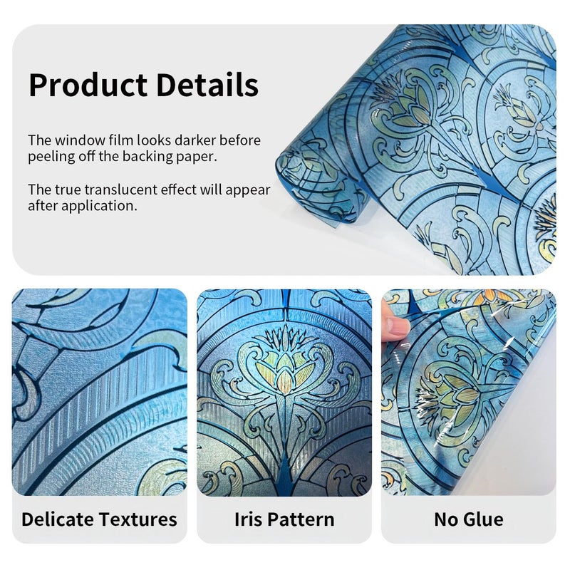 Chicskin 3D Vintage Stained Glass Window Film with Tools, Decorative Window Privacy Film for Room/Door/Home Decor, Twilight Iris, 11.02"X70.87"(28X180CM) - Image 5