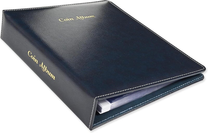 FIS Coin Album - Bonded Leather, 250x270mm, 4[D] Ring Binder with 35 Clear PVC Pockets, Blue - Image 1