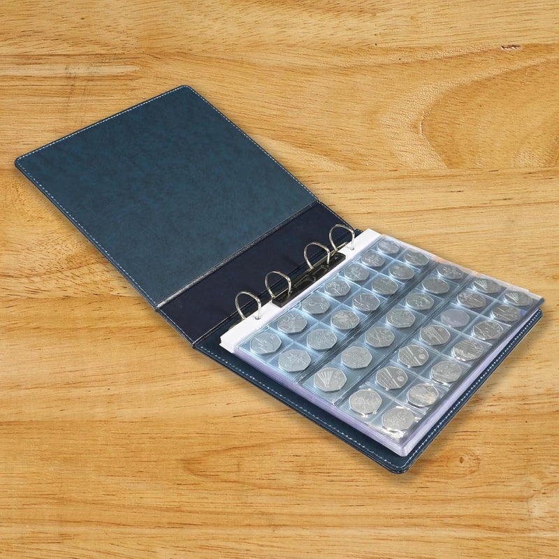 FIS Coin Album - Bonded Leather, 250x270mm, 4[D] Ring Binder with 35 Clear PVC Pockets, Blue - Image 2