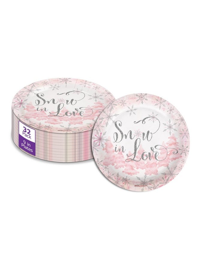 Birthday Galore Birthday Galore Snow in Love Pink Snowflake Party Plates - Bridal Shower Large 9" Paper Plates in Bulk 32 Piece  - Image 1