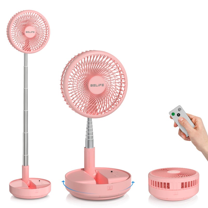 Belife X8 Portable Fan 7200mAh Battery Powered Rechargeable Oscillating USB Desk Floor Fan with Remote Foldable Telescopic Fan for Home Bedroom Sleeping Office Camping Travel 77 Pink