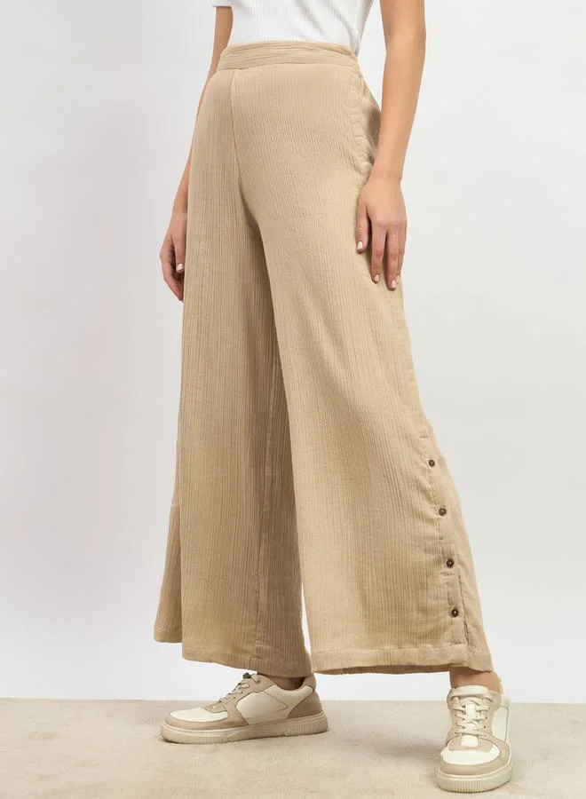 Styli Textured High Rise Wide Leg Pants with Buttons Detail