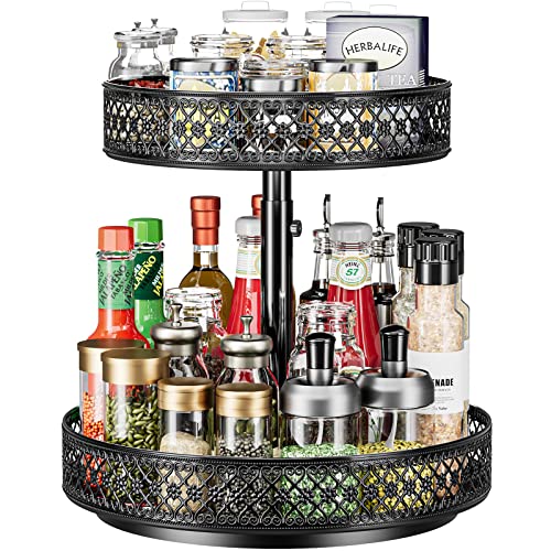 OVICAR Lazy Susan Organizer 2 Tier - Turntable Spice Rack 12 inch Adjustable Metal Rotating Lazy Susan for Cabinet Pantry Kitchen Countertop Dining Table Cupboard Bathroom Vanity Storage Black - Image 1