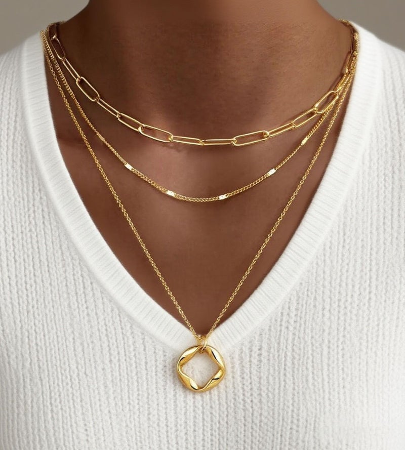 YEEZII Layered Gold Necklaces for Women Trendy, 3 Pcs 14K Gold Plated Choker Paperclip Box Chain Necklace, Stackable Women's Gold Pendant Necklaces Jewelry Set (Black-3 pcs) - Image 5