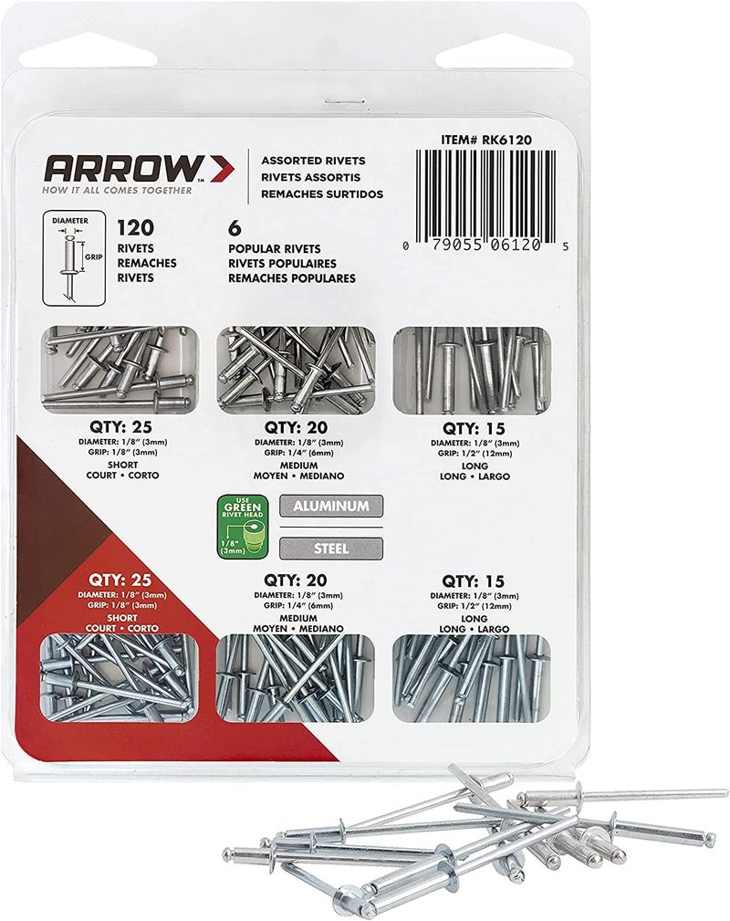 Arrow Fastener Arrow RK6120 Pop Rivet Assortment Kit for Metal, Fabric, Leather, and Auto Repair, Aluminum and Steel, 1/8-Inch, 120-Pack - Image 1