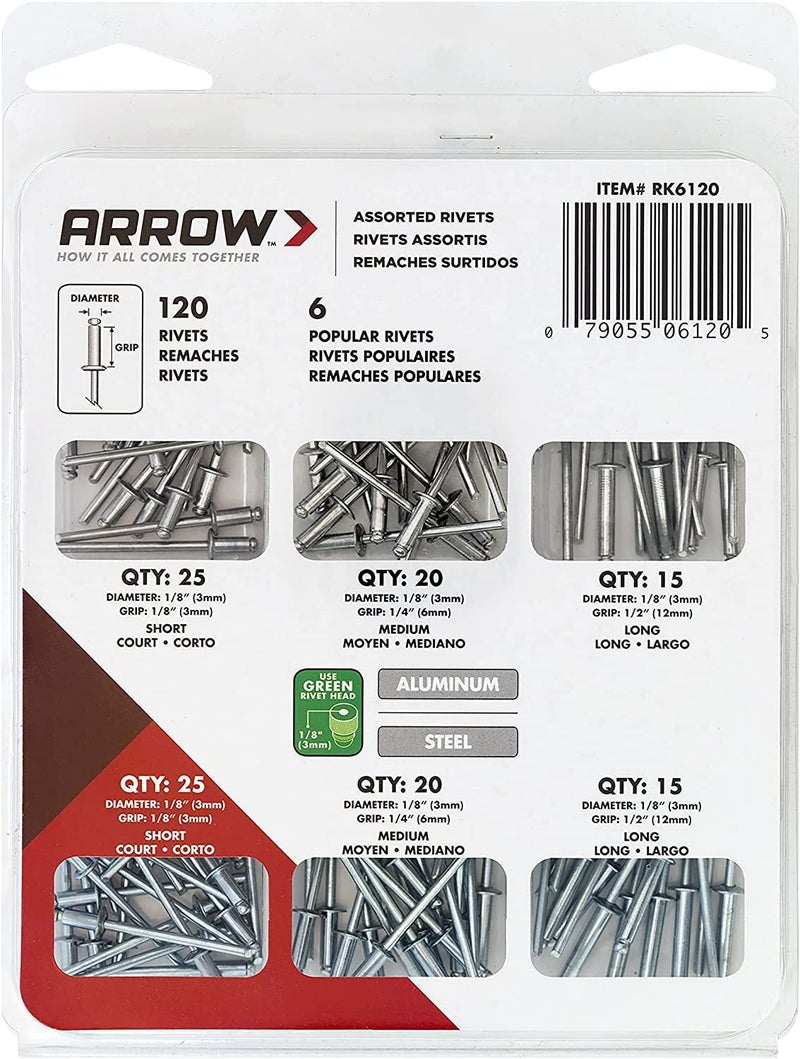 Arrow Fastener Arrow RK6120 Pop Rivet Assortment Kit for Metal, Fabric, Leather, and Auto Repair, Aluminum and Steel, 1/8-Inch, 120-Pack - Image 5