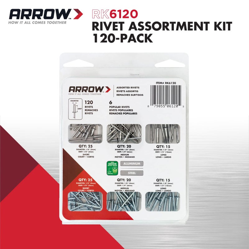 Arrow Fastener Arrow RK6120 Pop Rivet Assortment Kit for Metal, Fabric, Leather, and Auto Repair, Aluminum and Steel, 1/8-Inch, 120-Pack - Image 2