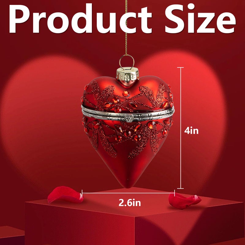 Watayo 2 Pcs Valentine's Glass Heart Hanging Box, 4" x 2.6" Glitter Red Heart Shaped Hanging Box, Glass Heart Box Tree Decoration for Valentines Wedding Gifting Party Decor - Image 2