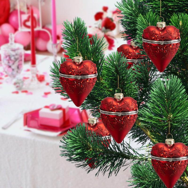 Watayo 2 Pcs Valentine's Glass Heart Hanging Box, 4" x 2.6" Glitter Red Heart Shaped Hanging Box, Glass Heart Box Tree Decoration for Valentines Wedding Gifting Party Decor - Image 5