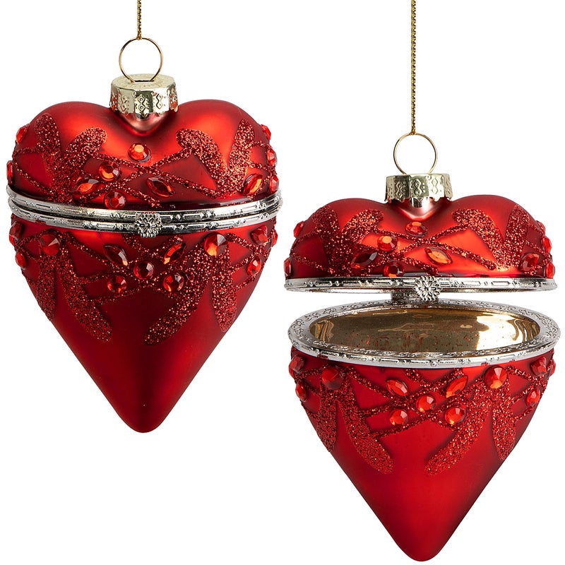 Watayo 2 Pcs Valentine's Glass Heart Hanging Box, 4" x 2.6" Glitter Red Heart Shaped Hanging Box, Glass Heart Box Tree Decoration for Valentines Wedding Gifting Party Decor - Image 1