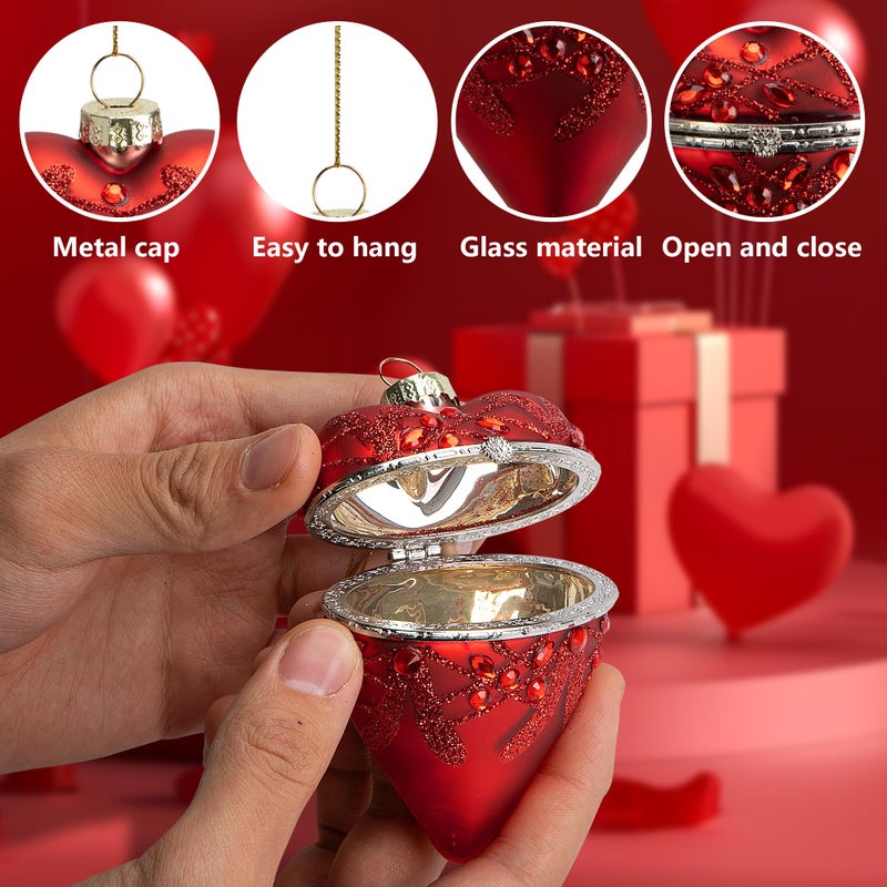 Watayo 2 Pcs Valentine's Glass Heart Hanging Box, 4" x 2.6" Glitter Red Heart Shaped Hanging Box, Glass Heart Box Tree Decoration for Valentines Wedding Gifting Party Decor - Image 3