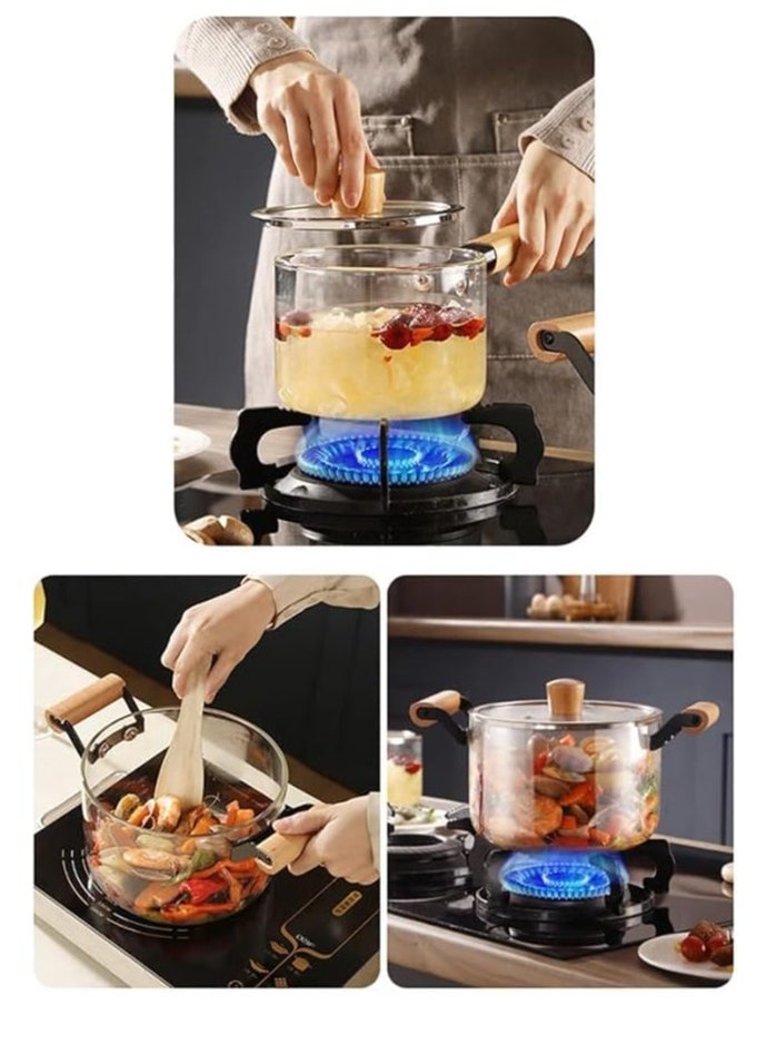 Spaceshoop - Glass Cooking Pot with Wooden Handle, 2-Handle Design, Clear Glass with Lid, for Pasta Noodle Soup (3.5 liter) - Image 1